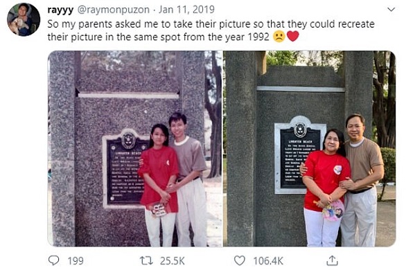 يساعد والديه على إعادة صورة التقطت قبل 28 عاماً يساعد والديه على إعادة صورة التقطت قبل 28 عاماً