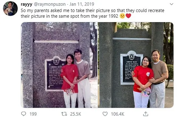 يساعد والديه على إعادة صورة التقطت قبل 28 عاماً يساعد والديه على إعادة صورة التقطت قبل 28 عاماً