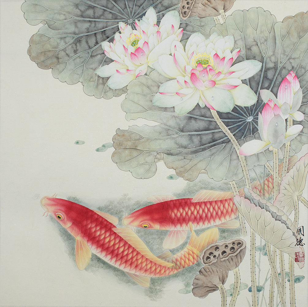 رسم معبر لزهرة اللوتس الصينية وأسماك الكوي